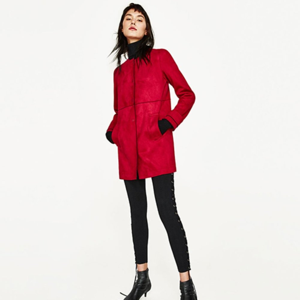 NWOT! New Zara long red faux suede jacket / coat, round neck (size M)